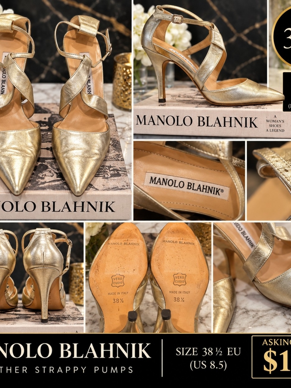 Manolo Blahnik Gold Leather Strappy Pumps - Size 38.5 EU (US 8.5)